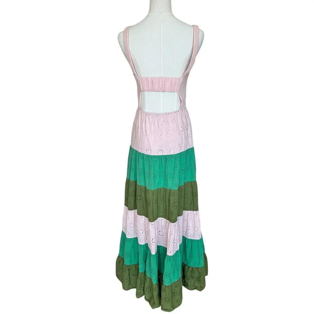 Slate & Willow Green Pink Tiered Ruffle Maxi Dress Size 0 Eyelet Cotton $310 - Picture 7 of 10